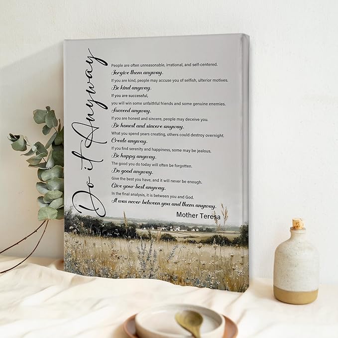 Nitelat Inspirational Do It Anyway Wall Art, Mother Teresa Quotes Farmhouse Rustic Wildflower Canvas Wall Art Decor for Home Bedroom Office, Motivational Canvas Pictures for Wall Decor, 11x15 Inch