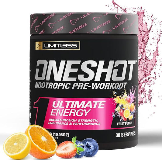 Oneshot Pre Workout Powder for Men and Women - BCAAS Amino Acids Supplement Powder, 200mg Caffeine, Beta Alanine Powder, Citrulline Malate Preworkout Powder - Fruit Punch - 30 Servings