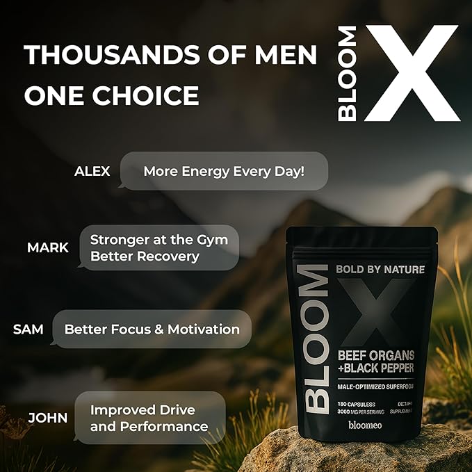 Beef Organ Supplement for Men | 100% Grass Fed Beef Liver Capsules with Bull Testicle, Prostate, Bone Marrow & More | Bloom X - Ancestral Superfoods for Vital Energy, Immunity & Men’s Health | 180 ct