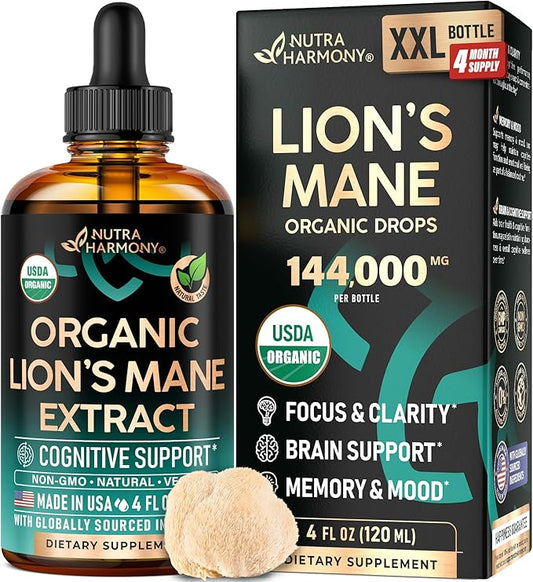 Lions Mane Liquid - USDA Certified Organic Lions Mane Supplement - Brain Support, Energy, Memory & Focus - Sugar & Alcohol-Free Lion's Mane Mushroom Extract 72,000 mg / Bottle - 4fl oz, 4 Month Supply