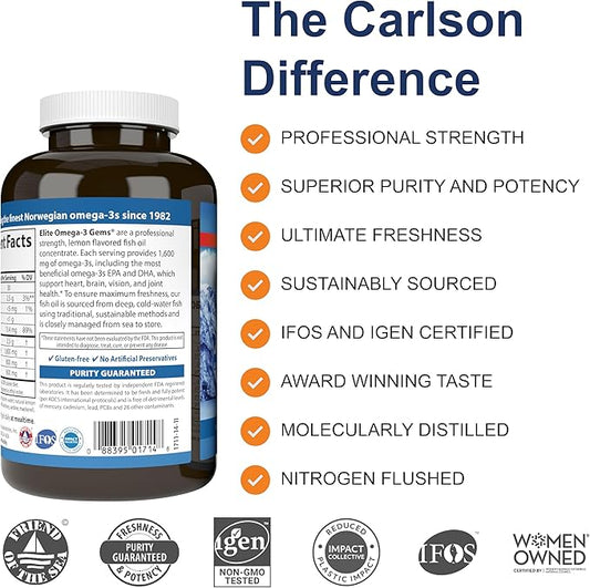 Carlson Labs Elite Omega-3, 1600 mg, Gems Fish Oil Soft Gels, Natural Lemon Flavor, 2 Pack (120 Count Each)