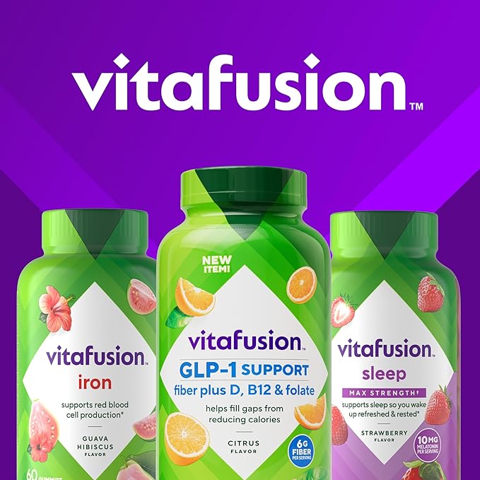 Vitafusion GLP-1 Support Fiber Plus Vitamins D, B12 and Folate Gummy Vitamins, Citrus Flavor, Sugar Free, 90 Count, 30 Day Supply