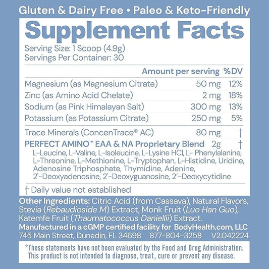 BodyHealth PerfectAmino Electrolytes Powder No Sugar, Hydration Fasting Keto Zero Sugar Electrolytes Drink Mix with Trace Minerals - Passion Fruit - 30 Servings