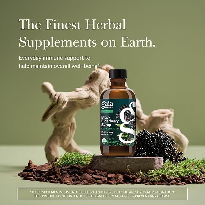 Gaia Herbs Black Elderberry(Sambucus Nigra) Syrup Extra Strength-Immune Support Supplement-Made with Organic Black Elderberries for Immune System-USDA Certified Organic Formula-3 Fl Oz(18-Day Supply)
