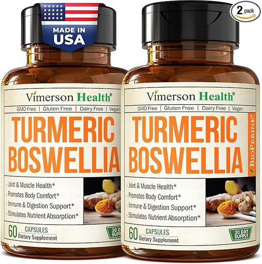 Turmeric Curcumin Supplement with Boswellia Serrata, Ginger Root, Organic Turmeric Powder & Black Pepper - 95% Curcuminoids Turmeric Supplement with Boswellia Extract - Gluten Free Tumeric Caps 2-Pack