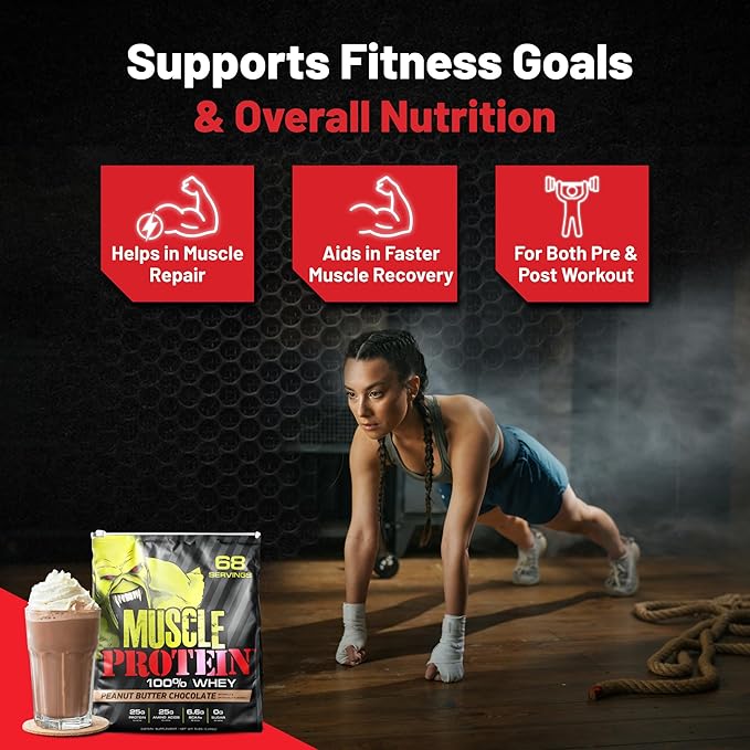 Muscle Protein Whey Powder [5 lbs/Pack of 1]– Cold Filtered, 25g Pure Protein, 6.6g BCAAs (Packaging May Vary) (10 Pound (Pack of 2), Peanut Butter Chocolate)