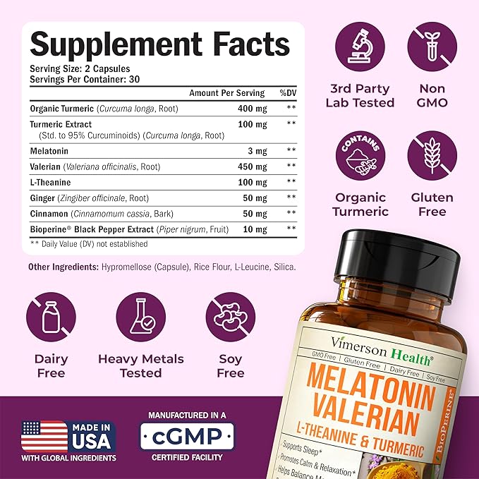 Melatonin Sleep Aid with L Theanine & Valerian Root – Turmeric Supplement – Turmeric Curcumin with Ginger & Black Pepper – L-Theanine & Melatonin 3mg for Sleep, Calm and Stress Relief – 60 Capsules