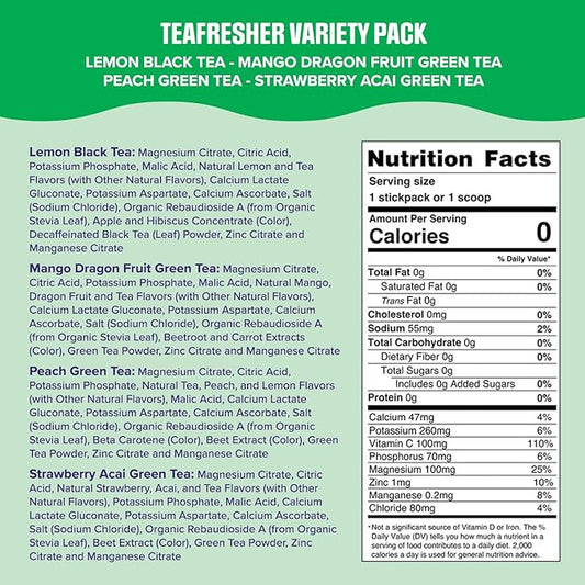 Ultima Replenisher TeaFresher Daily Electrolytes Powder and Instant Tea Mix – Sugar Free – Variety Pack, 16 Stickpacks - Hydration Packets with 4 Fruit and Tea Fusions, 6 Key Electrolytes