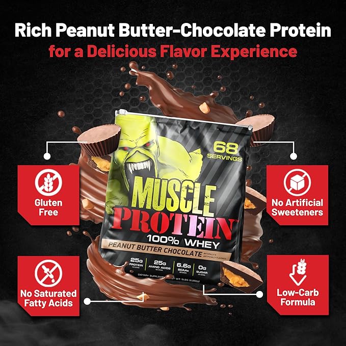 Muscle Protein Whey Powder [5 lbs/Pack of 1]– Cold Filtered, 25g Pure Protein, 6.6g BCAAs (Packaging May Vary) (10 Pound (Pack of 2), Peanut Butter Chocolate)