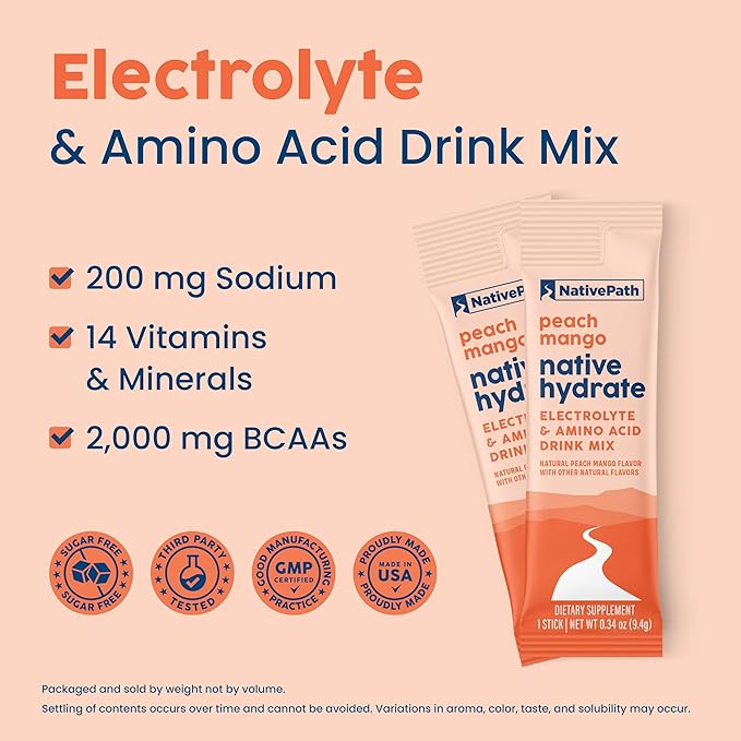NativePath Native Hydrate Stick Packs, Sugar Free Electrolytes Powder with BCAAs, Peach Mango Hydration, Keto & Paleo Friendly, 30 Servings