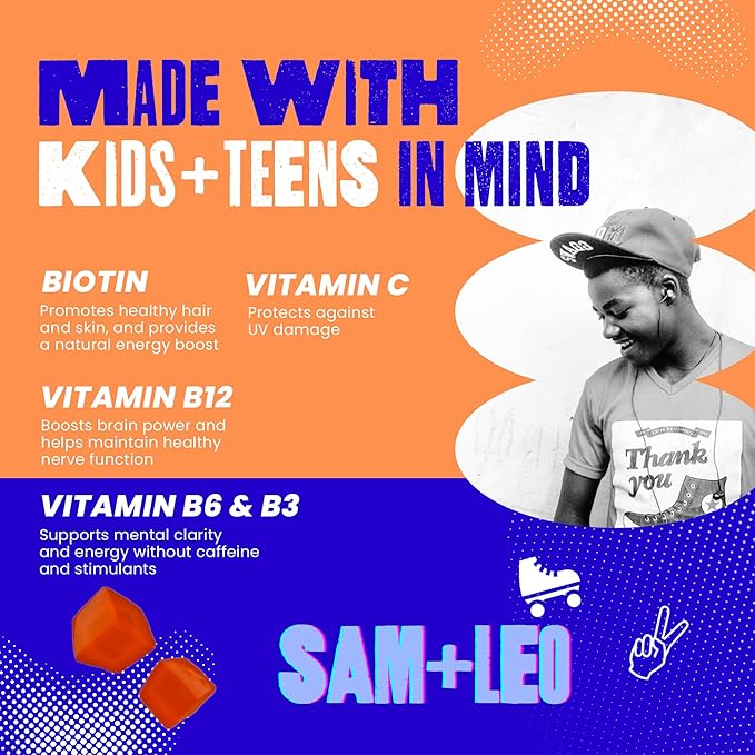 SAM+LEO Energy Gummies for Kids- with Biotin, Vitamin C, B3, B6, and B12 - All Natural & Vegan Gummy for Energy & Focus Supplement for Kids - Stress & Digestive Support, Strawberry Gummies - 60/ct