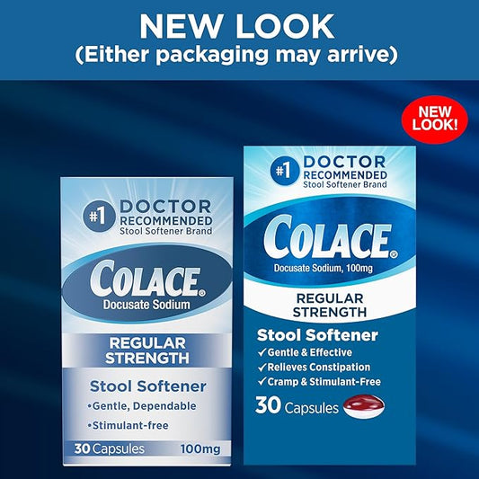 Colace Regular Strength Stool Softener for Gentle Effective Constipation Relief, No. 1 Doctor Recommended Stool Softener Brand, 100 mg Docusate Capsules, 30 Count