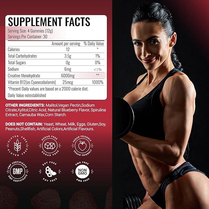 Creatine Monohydrate Gummies 6g for Men Women,Complex Creatine Monohydrate Chewable for Muscle Strength,Muscle Building,Energy Boost,Pre-Workout Energy Supplement,Vegan Strawberry - 120 Count