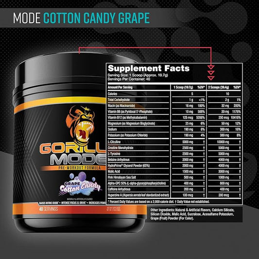Gorilla Mind Pre Workout - Massive Pumps Laser Focus Energy Power - L-Citrulline, Creatine, L-Tyrosine, Betaine, Hydroprime, Alpha-GPC, 400mg Caffeine, Huperzine A 786g (Cotton Candy Grape)
