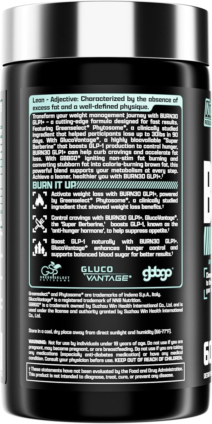BURN30 GLP-1 Supplement - Super Berberine Weight Management Support GLP1 Naturally | Advanced Appetite Control & Metabolism Support with Clinically Studied Ingredients  | Stimulant Free