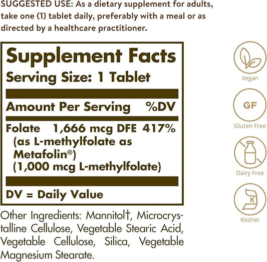 Solgar Folate 1000 mcg, 120 Tablets - 1000 mcg Bio-active Metafolin - Vegan, Gluten Free, Dairy Free, Kosher - 120 Servings