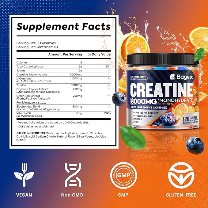 Creatine Monohydrate Gummies Complex 8000mg for Men and Women, Flavored and Chewable Creatine with Taurine, L-Carnitine, Electrolyte for Muscle Growth, Strength & Energy, 120pcs Pre Workout Gummies