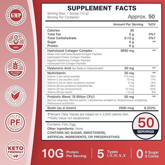 DRFOSTER Multi-Collagen-Peptide-Powder with Probiotics, 50 Servings of Hydrolyzed Collagen Peptides with Hyaluronic Acid, Biotin & Multivitamins - Supports Skin, Hair, Nails Health