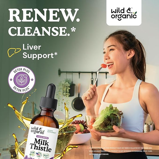 Wild & Organic Milk Thistle Extract Drops - Liver Cleanse Support - Milk Thistle Liver Detox Tincture - Silymarin Supplement - Silybum Marianum Seeds - Vegan, Sugar & Alcohol-Free - 2 fl oz