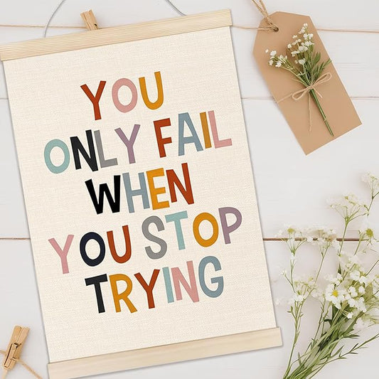 Welshower Boho Inspirational Poster Hanger Frame, You Only Fall When You Stop Trying Motivational Quote Wall Art Prints Decor for Classroom Kids Room Nursery Playroom Framed, 12x16 Inch