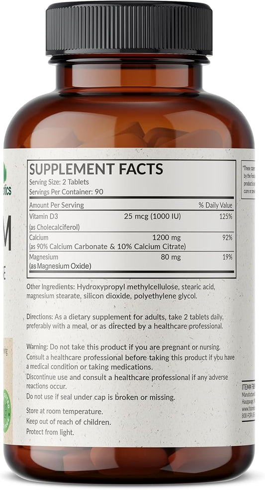 Futurebiotics Calcium 1200 MG Per Serving Sustained Release with Vitamin D3 1000 IU Per Serving Non-GMO, 180 Vegetarian Tablets