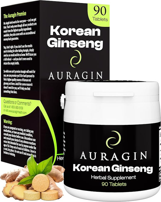 Auragin® Authentic Korean Red Ginseng – Made in Korea – 6 Year Roots – No Additives or Other Ingredients – 100% Red Panax Ginseng in Every Tablet
