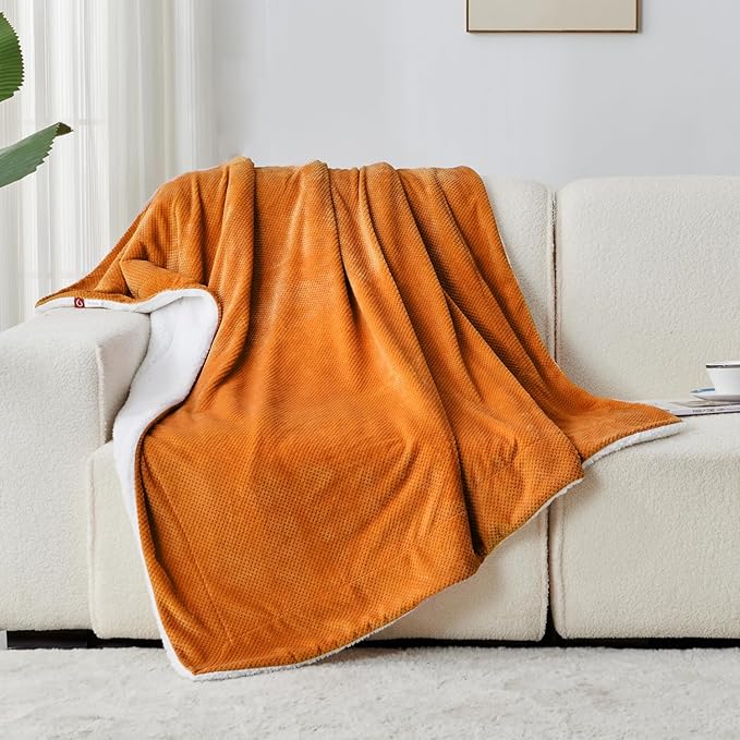 SOCHOW Waffle Sherpa Fleece Throw Blanket, Super Soft Fuzzy Warm, Lightweight Fluffy Reversible Plush Blanket for Bed Sofa Couch, 60 x 80 Inches Burnt Orange