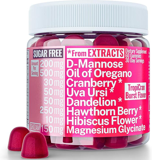 SHIZAM Vaginal Urinary Tract Yeast Candida pH Support Sugar Free Gummies w Oil of Oregano Uva Ursi Cranberry D-Mannose Hawthorne Berry, Vaginal Probiotics Suppositories Wash Cleanse Alt