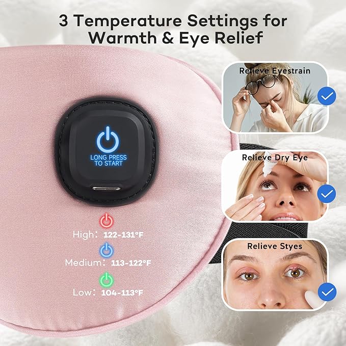 Ezona Silk Cordless Heated Eye Mask, Warm Eye Compress Mask for Dry Eyes, Washable Eye Heating Pad for Travel, Dry Eyes, Blepharitis, Sinus Migraine (Pink)