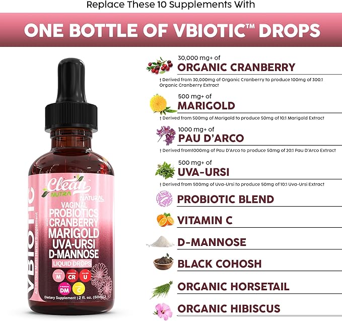 Clean Nutraceuticals VBiotic Vaginal Probiotic for Women Liquid Drops | Cranberry Uva Ursi Horsetail D-Mannose Prebiotics Marigold & Black Cohosh Vaginal Health Supplement | pH Balance
