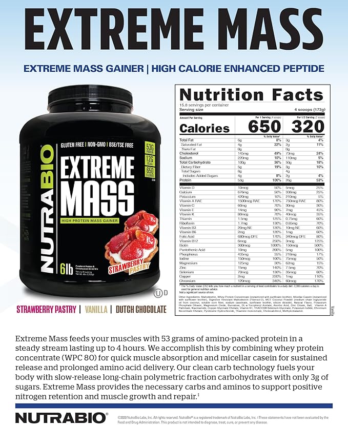NutraBio Extreme Mass Gainer Protein Powder, 53G Protein, Clean Weight Gainer, Increase Muscle Mass, Full Spectrum Amino Acid - Chocolate, 6 Pound