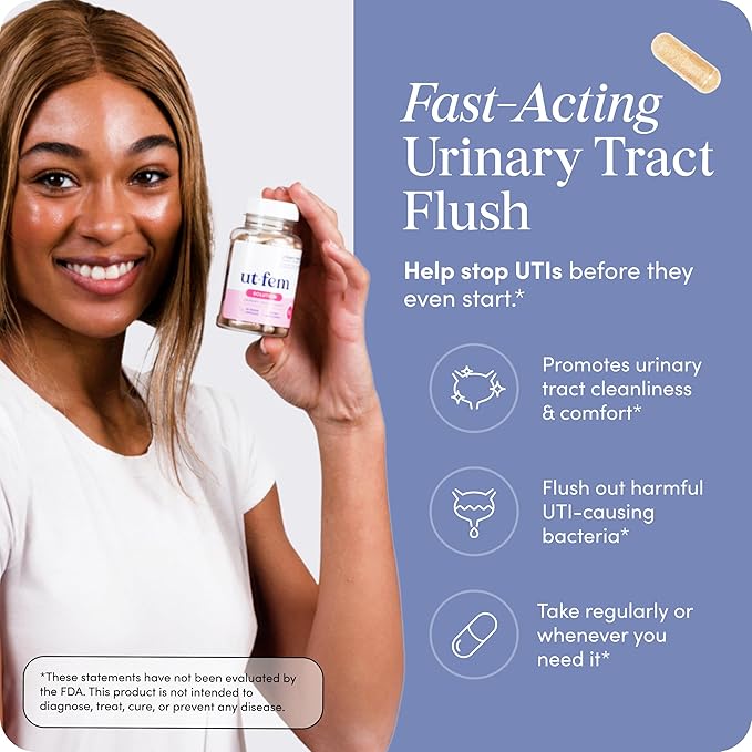 UT-Fem Solution - Fast-Acting Urinary Tract Flush for Women, Proactive UTI Support, Promotes Cleansing & Comfort, Clinical-Strength D-Mannose, Cranberry, and Natural Ingredients - 60 Vegan Capsules