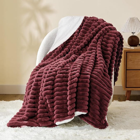 INFIIXSO Sherpa Throw Blanket for Couch - Super Soft & Warm Striped Fleece Blanket, Cozy Plush Fluffy Blanket All Season Use (Burgundy, 50x60 Inches)