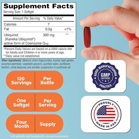 Health Thru Nutrition Ubiquinol 300mg 120 Softgels as Kaneka QH Reduced CoQ-10 | Stabilized - 3rd Party Tested | Enhanced Bioavailability | Cardiovascular & Mitochondria Function Support | Non-GMO