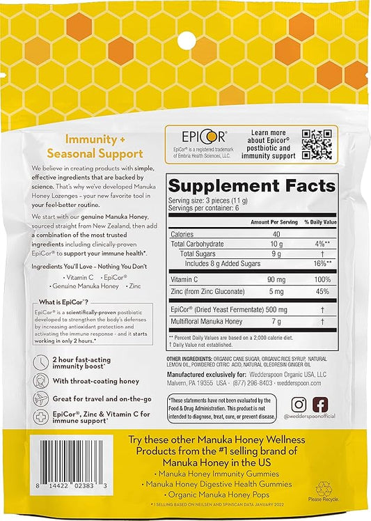 Wedderspoon Manuka Honey Immunity Lozenges, Lemon Ginger, 2.6 Oz (Pack of 1), Genuine New Zealand Honey, Boost Immunity Within Two Hours