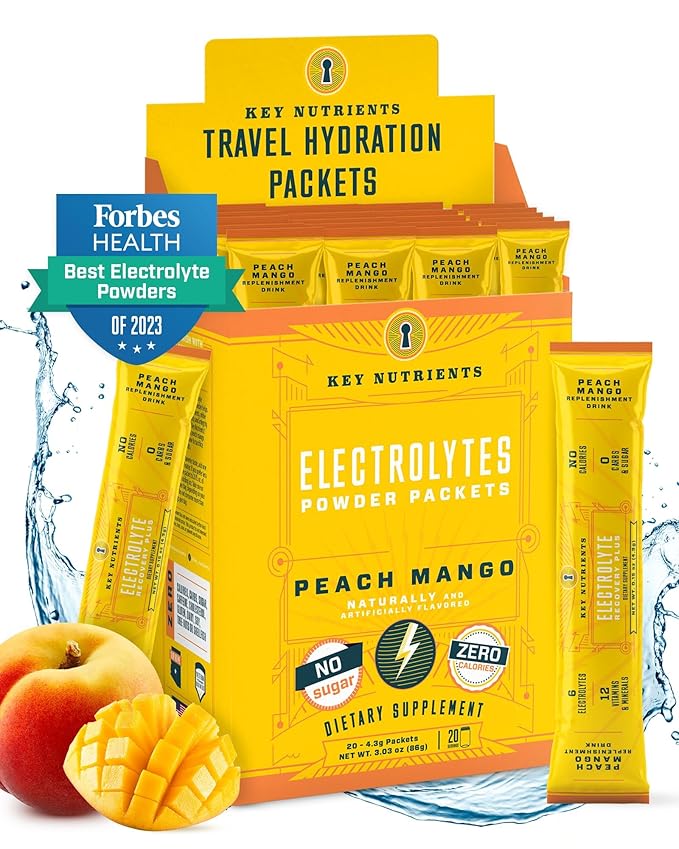 KEY NUTRIENTS Electrolytes Powder Packets - Tropical Peach Mango 20 Pack Hydration Packets - Travel Hydration Powder - No Sugar, No Calories, Gluten Free - Made in USA - Peach Mango