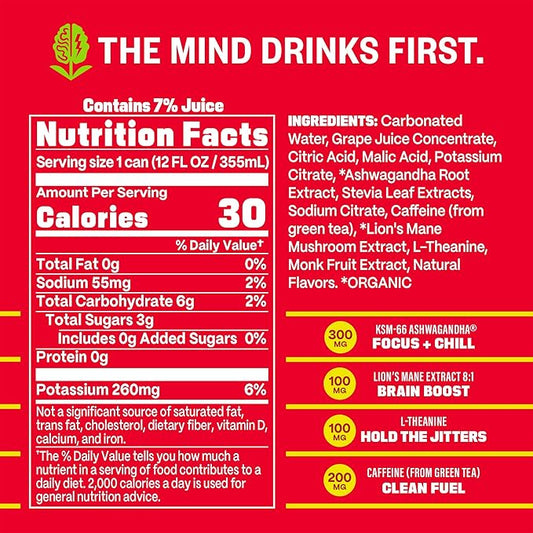 GYM WEED Athletic Focus Drink with KSM-66 Ashwagandha, Lion's Mane Mushroom, L-Theanine, 200mg Green Tea Caffeine with Natural Sweeteners Watermelon Flavor, 12 Pack