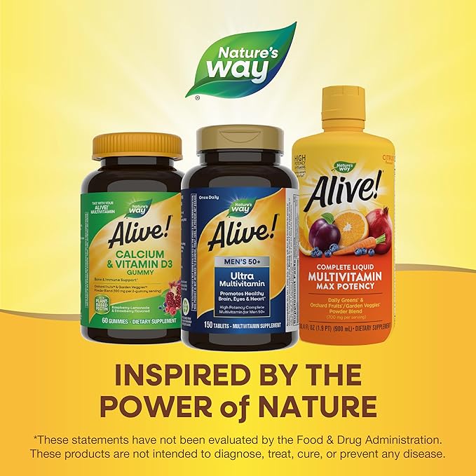 Nature's Way Alive! Men’s 50+ Daily Ultra Multivitamins, High Potency Formula, Supports Healthy Brain, Eyes & Heart*, with Methylated Vitamin B12, Gluten-Free, 150 Tablets