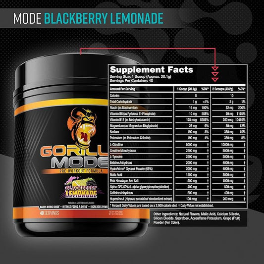 Gorilla Mind Pre Workout - Massive Pumps Laser Focus Energy Power - L-Citrulline, Creatine, L-Tyrosine, Betaine, Hydroprime, Alpha-GPC, 400mg Caffeine, Huperzine A 800g (BlackBerry Lemonade)