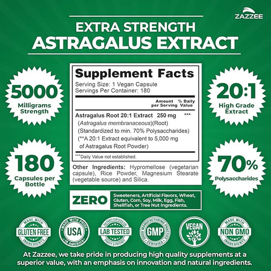 Zazzee Extra Strength Astragalus Root 20:1 Extract, 5000 mg Strength, 70% Polysaccharides, 180 Vegan Capsules, 6 Month Supply, 100% Vegetarian, Standardized and Concentrated 20X Extract, Non-GMO