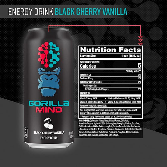 Gorilla Mind Energy Drink | Unmatched Energy · Amplified Focus | N-Acetyl-L-Tyrosine, Alpha-GPC, 200mg Caffeine, Uridine, Saffron | 0 Sugar Or Artificial Colors | 16oz, 12-Pack (Black Cherry Vanilla)
