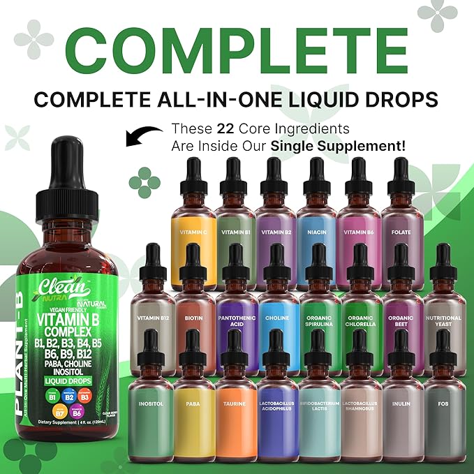 Vitamin B Complex Liquid Drops | Thiamine B1, B6, B2, B3, B4, B5, B7 B9, B12, Niacinamide, Paba, Choline Inositol Taurine Probiotics Beet Root Spirulina - Plant-B Vitamin Supplements by Clean Nutra