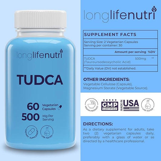 TUDCA - Tauroursodeoxycholic Acid Bile Salt, 500mg per Serving & 60 Vegetarian Capsules, Natural Ingredients, 30-Day Supply, Made in USA