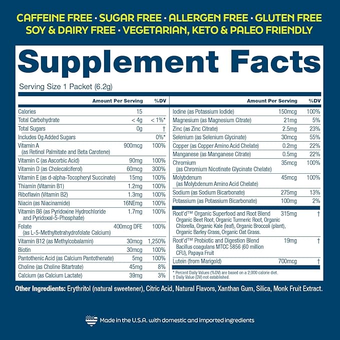 Root'd Multivitamin Powder for Men - 24 Vitamins & Minerals with 3X Electrolytes, 9 Organic Superfoods, Probiotics & Enzymes, Sugar-Free Multivitamin & Hydration | 30 Vitamin Drink Mix Packets