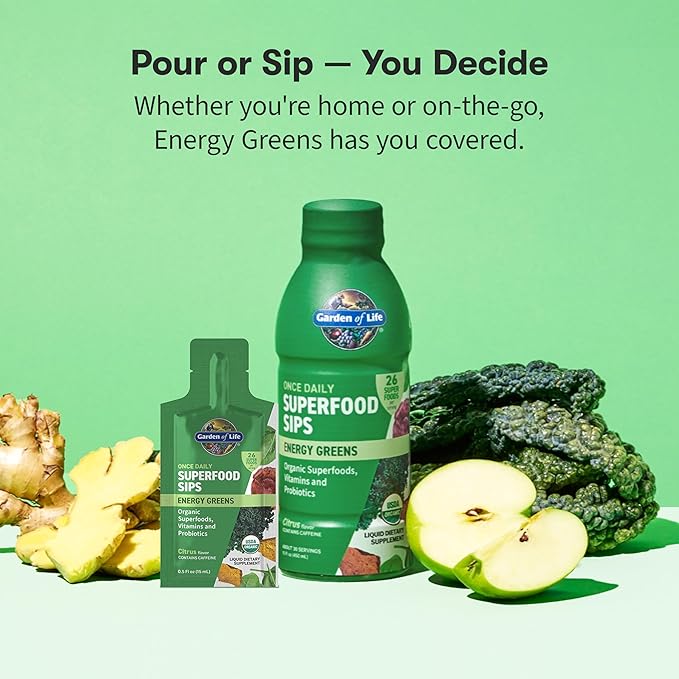 Garden of Life Superfoods Sips Pouches, Vitamins, Probiotics, 26 Organic Superfoods, Energy Greens, Functional Mushrooms, Once Daily, Organic, Vegan, Preservative-Free, Citrus Flavor, 12 Servings
