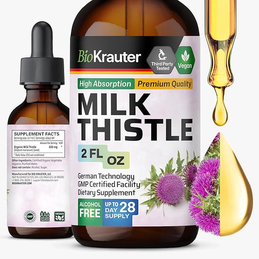 BIO KRAUTER Milk Thistle Liquid Drops - Milk Thistle Silymarin Liver Support Supplement - Alcohol & Sugar Free Tincture for Liver Cleanse Detox - 2 Fl. Oz.