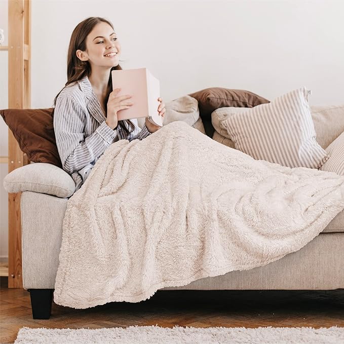PAVILIA Sherpa Throw Blanket for Couch Sofa, Cream Beige Fluffy Warm Plush Blanket for Twin Bed, Cozy Super Soft Lightweight Throw, Fuzzy Decorative Blanket, All Season Home, 60x80