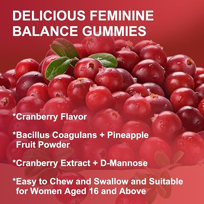Premium Feminine Balance Gummies for Women - Pineapple Probiotics Gummies with Cranberry Extract and D-Mannose, pH Balance Support, Freshness, Sugar Free, Vegan, Cranberry Flavor - 60 Gummies
