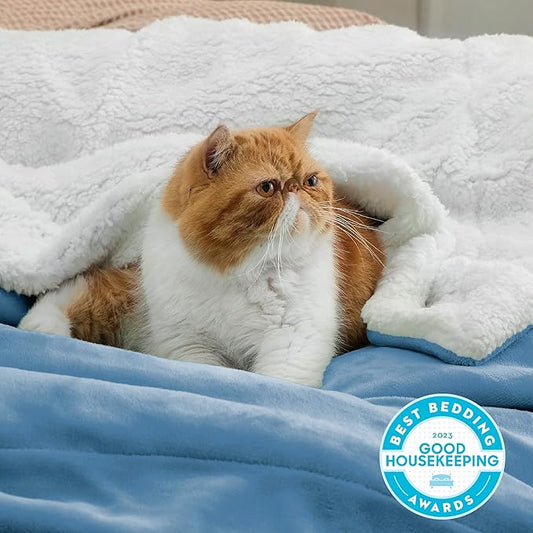 Bedsure GentleSoft Sherpa Fleece Blankets Queen Size for Bed - Thick and Warm, Soft Fuzzy Plush Queen Blanket for Winter, Washed Blue, 90x90 Inches