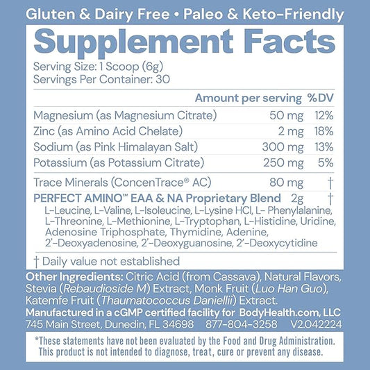 BodyHealth PerfectAmino Electrolyte Powder No Sugar, Hydration Fasting Keto Zero Sugar Electrolytes Drink Mix with Trace Minerals - Lemon Lime - 30 Servings
